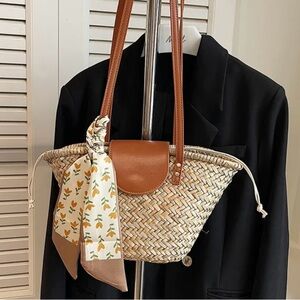 Woven Straw Tote with Brown Faux Leather Trim, removable drawstring liner